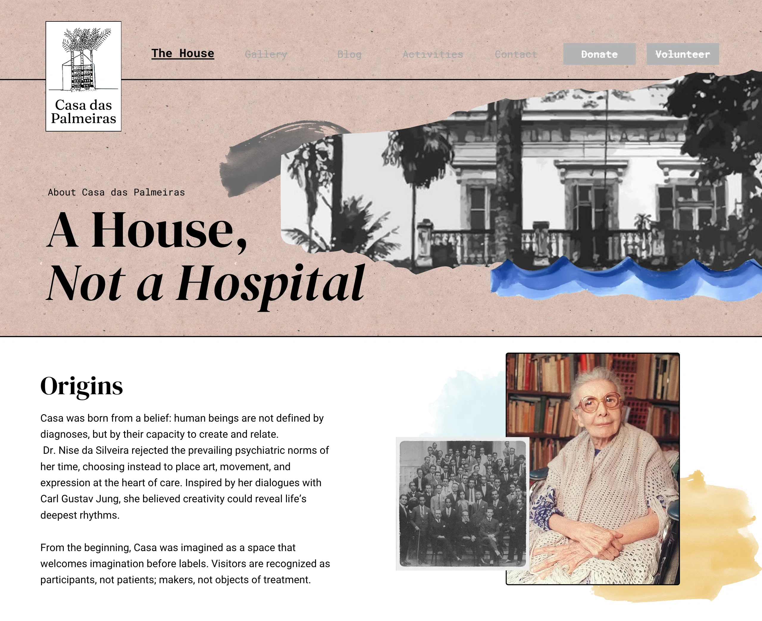 Redesigned Casa das Palmeiras homepage with artwork, navigation, donation, and volunteer calls to action